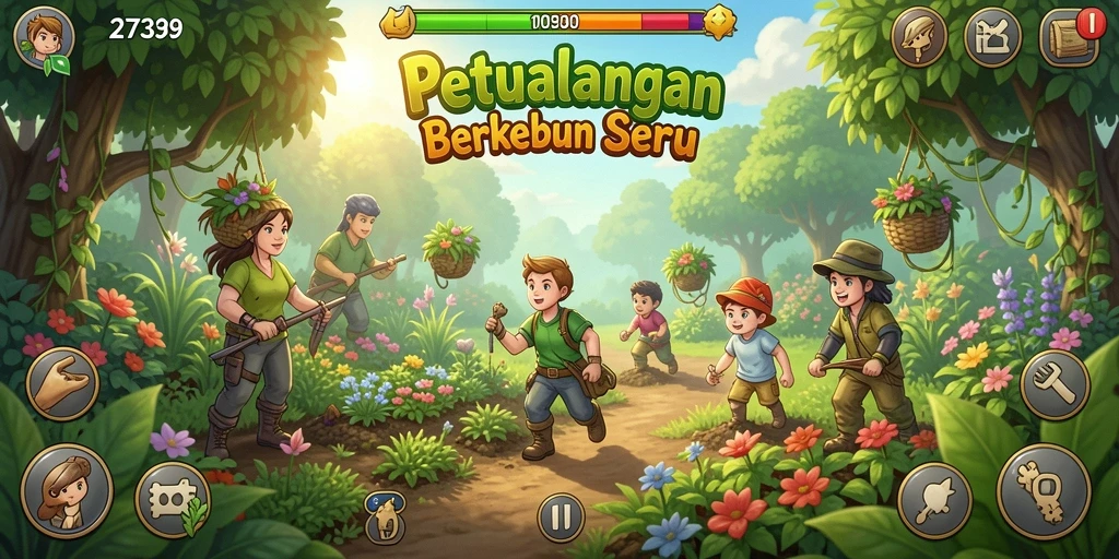Screenshot utama menampilkan kebun indah dengan berbagai tanaman dan hewan.