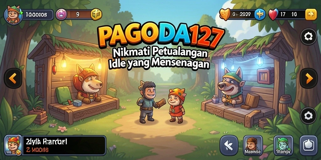 Tangkapan layar utama dari gameplay <strong>PAGODA127</strong> menunjukkan karakter mengumpulkan sumber daya dengan ceria.