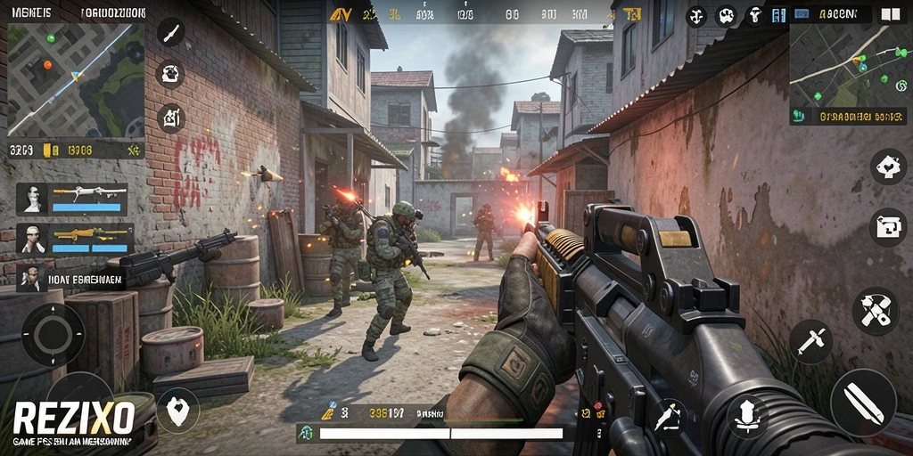 Screenshot gameplay REZIXO menampilkan aksi tembak-menembak yang intens.