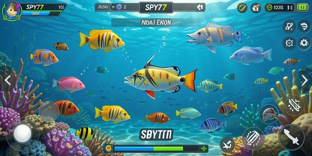 Screenshot gameplay SPY77 yang menunjukkan keseruan menembak ikan.